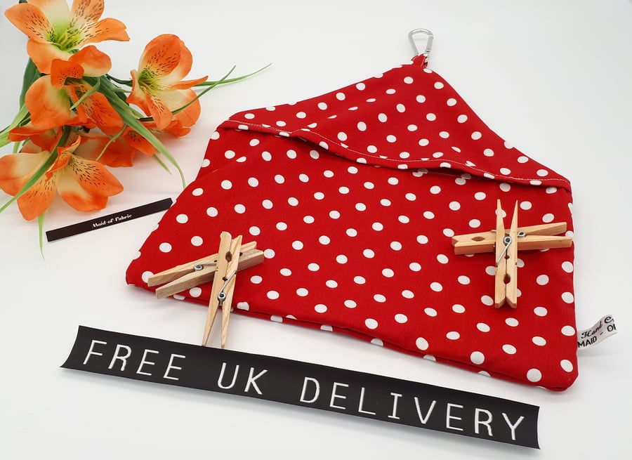 Peg bag, small,  sale, red polkadot, clip on, free uk delivery 