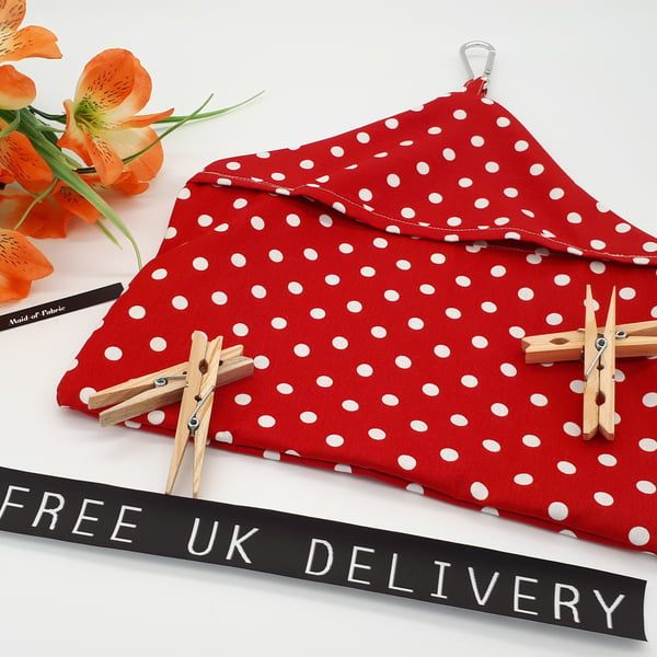 Peg bag in red polkadot, clip on, small, sale, free uk delivery 