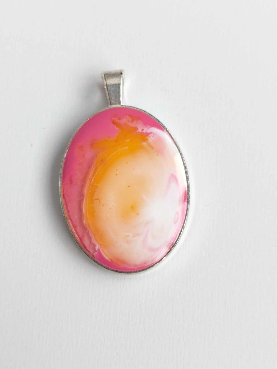 Oval Pendant With Pink, Yellow & White Swirls