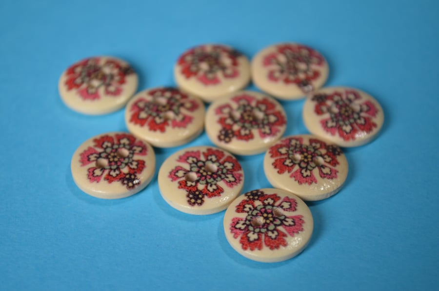 15mm Wooden Red & Aqua Floral Buttons Natural Wood 10pk Flowers (SNF14)