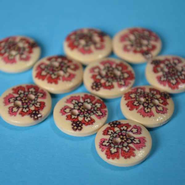 15mm Wooden Red & Aqua Floral Buttons Natural Wood 10pk Flowers (SNF14)