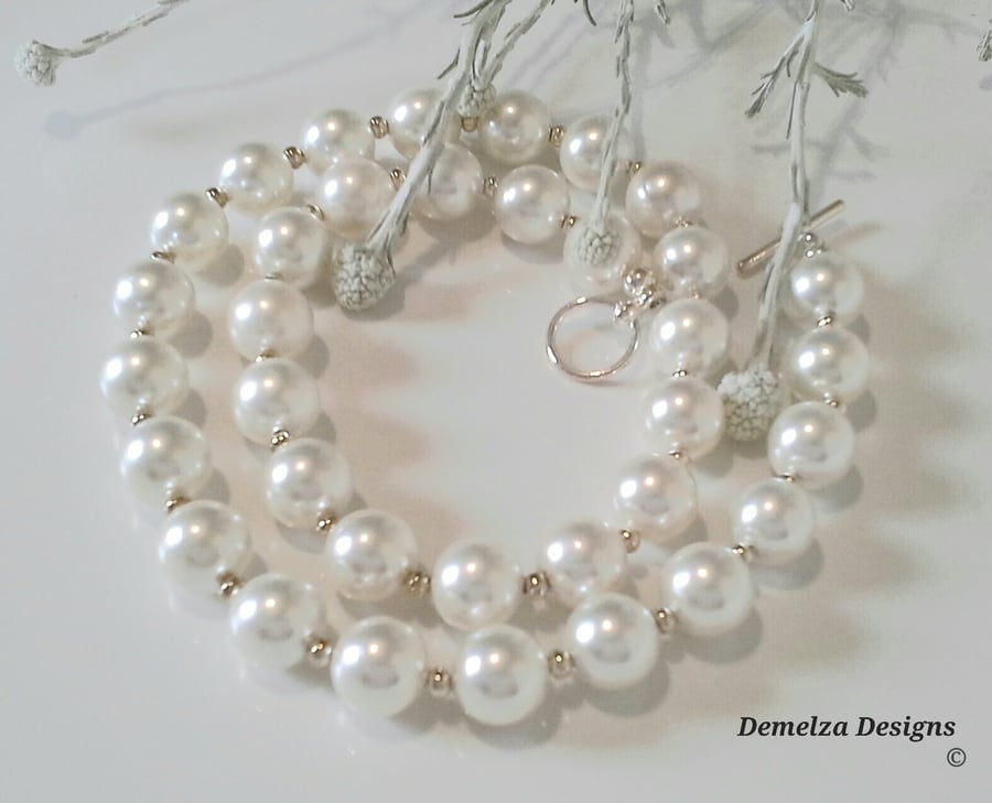 Large 12mm  White Shell Pearl Silver Plated Necklace