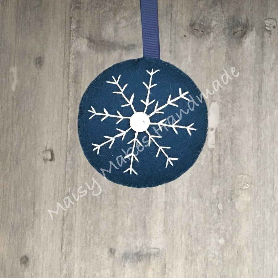 Christmas Snowflake 100% Wool Felt Hanging Decoration in Blue