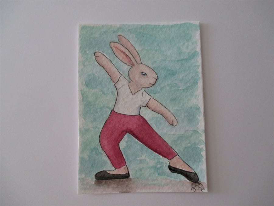 ACEO Bunny Rabbit Ballerina Ballet Dancing Bunny Rabbit Original Painting 021