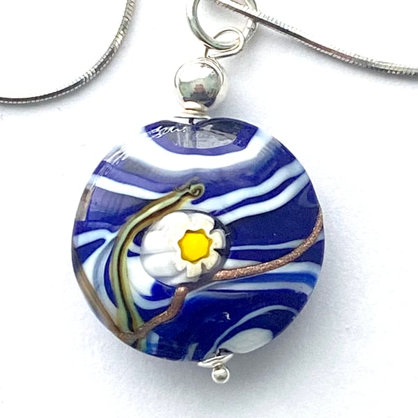 Murano Glass blue and white pendant with sterling silver chain.