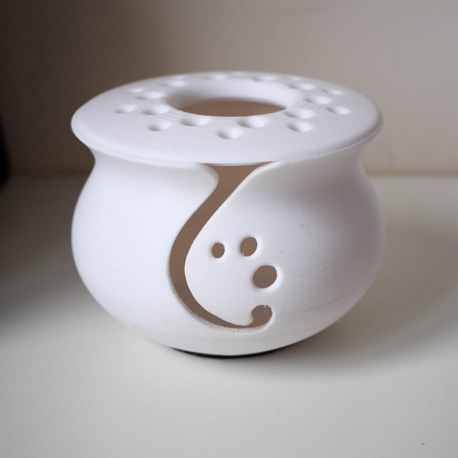 3D Printed white yarn bowl with lid - small