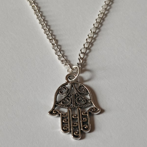 Filigree Hamsa Hand Eastern Necklace Silver Plate 