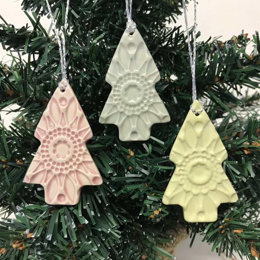 Pastel Christmas Trees set of three pottery decorations 