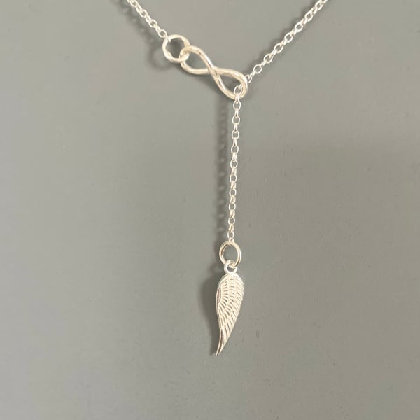Lariat Y Infinity Angel Wing Sterling Silver Necklace, 925 Silver Lariat Chain
