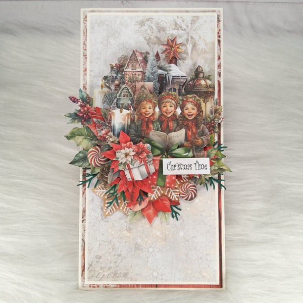  Handmade Christmas Card – Vintage Carol Singers, Winter Village & Poinsetti(21)