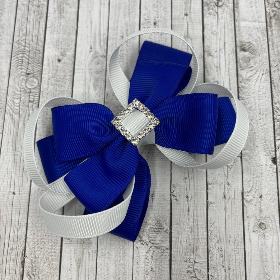 Cobalt Blue Double Layer Bow with White Loops on Clip