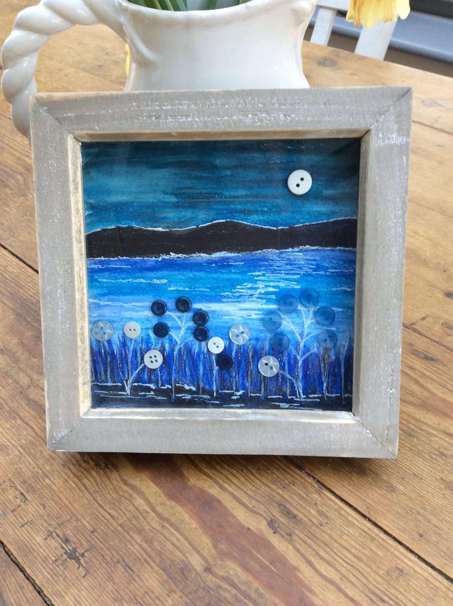Framed Button Art Picture. Tranquil sea view.  7” by 7”