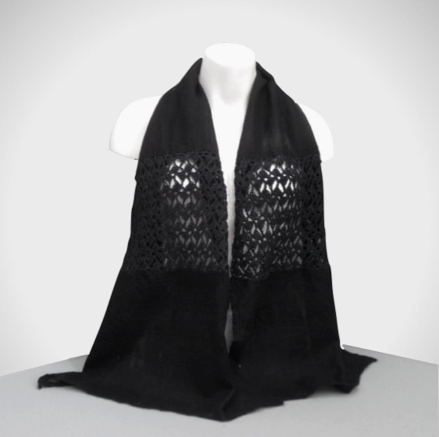 Black nuno felted and crocheted scarf in a gift box