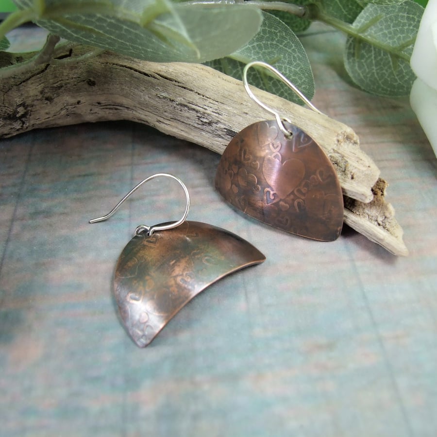 Earrings, Sterling Silver and Heart Patterned Copper Half Circle Droppers