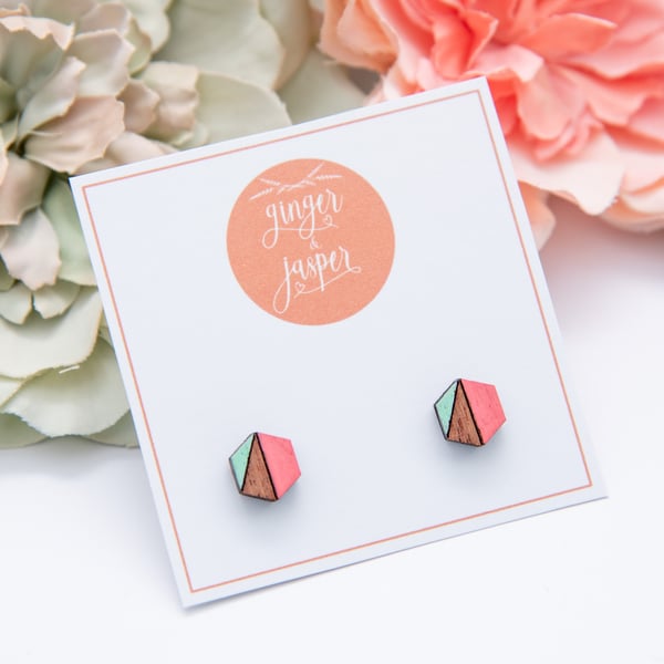 Hand Painted Geometric Wooden Hexagon Earrings, Pink and Mint Green Wood Studs