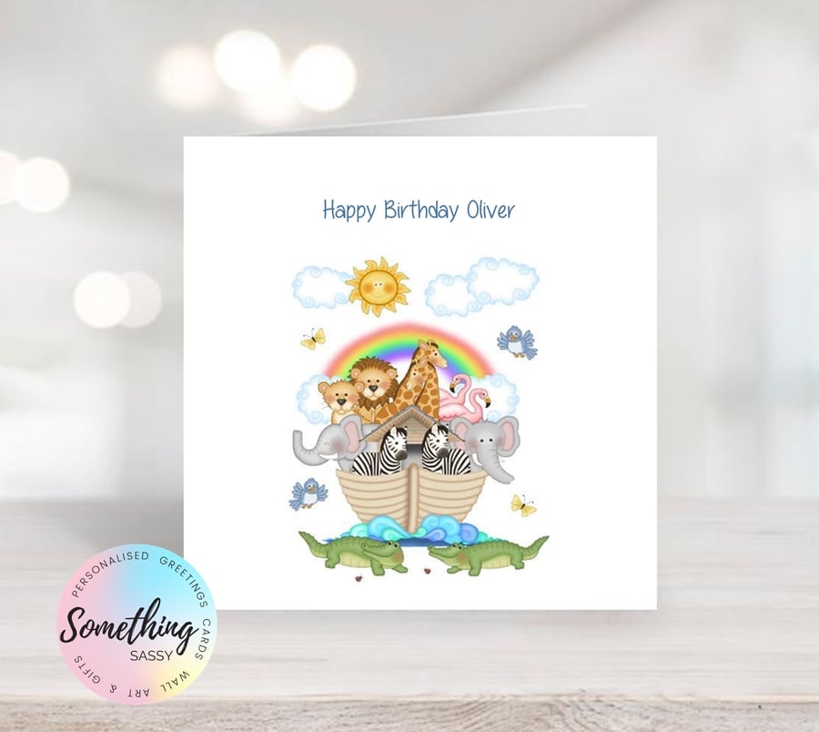 Boys Animal Arc Birthday Greetings Card Personalised  with any text