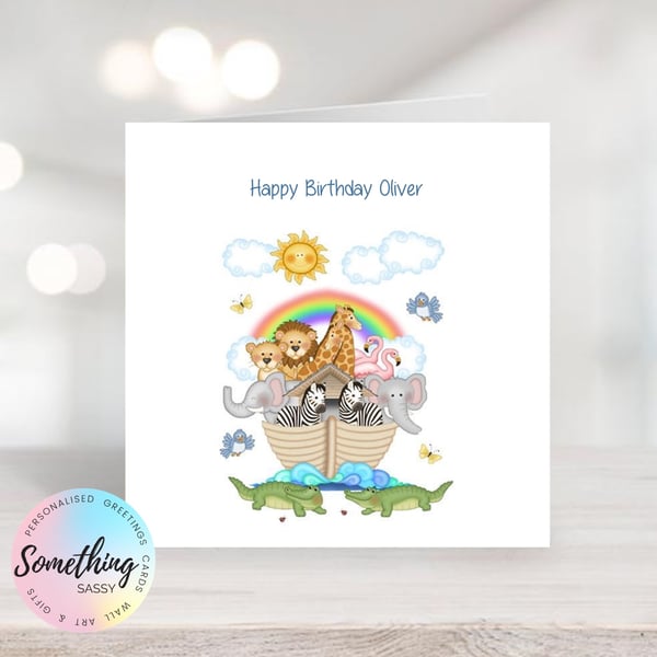 Boys Animal Arc Birthday Greetings Card Personalised  with any text