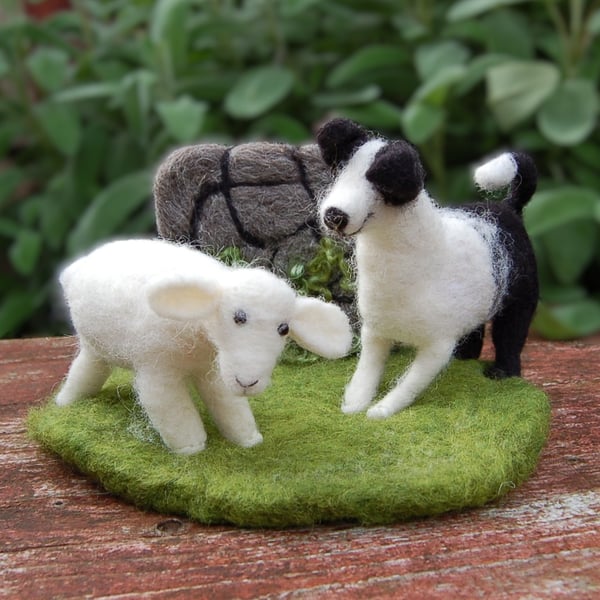 Needle felt Sheepdog and Lamb Sculpture, border collie, fibre art