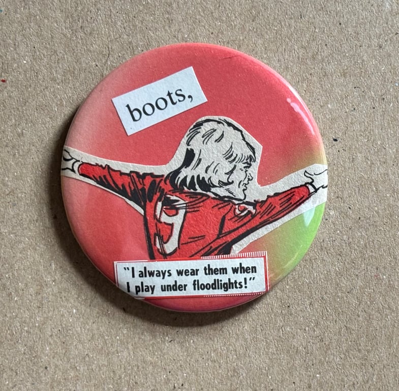Collage pin badge - vintage book images & text - football boots