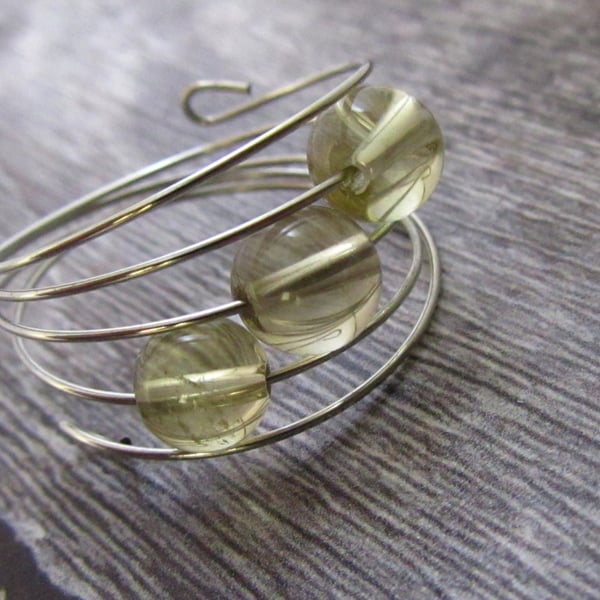 Yellow Quartz Ring, Silver Memory Wire Ring