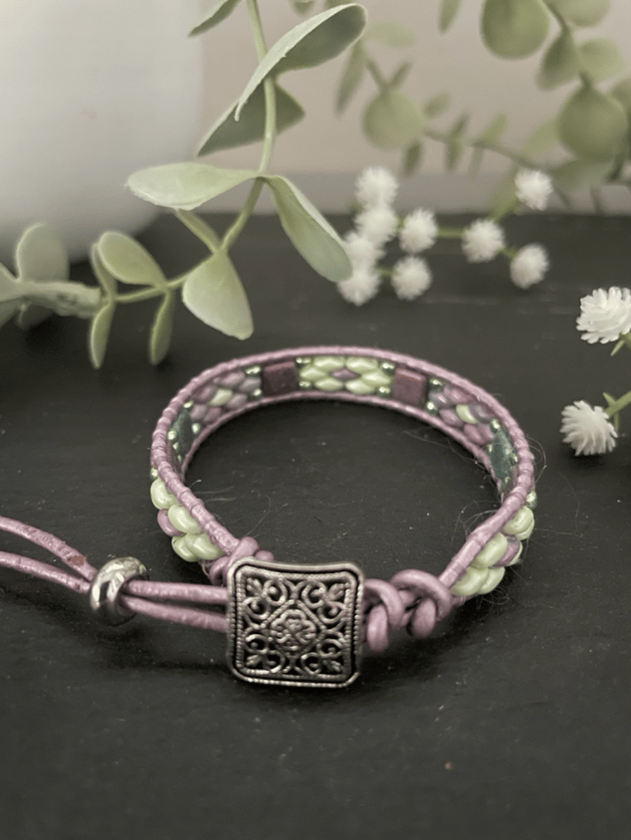 Bracelet ,Pretty lilac beaded leather wrap adjustable boho bracelet 