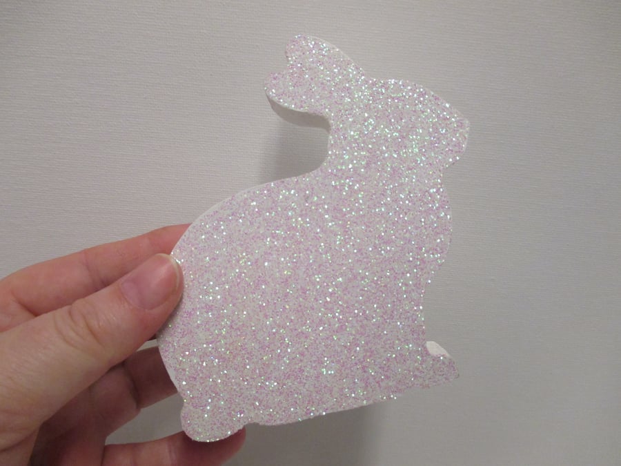 Glittery Bunny Rabbit Wooden Ornament Easter Decoration Pearly White Glitter