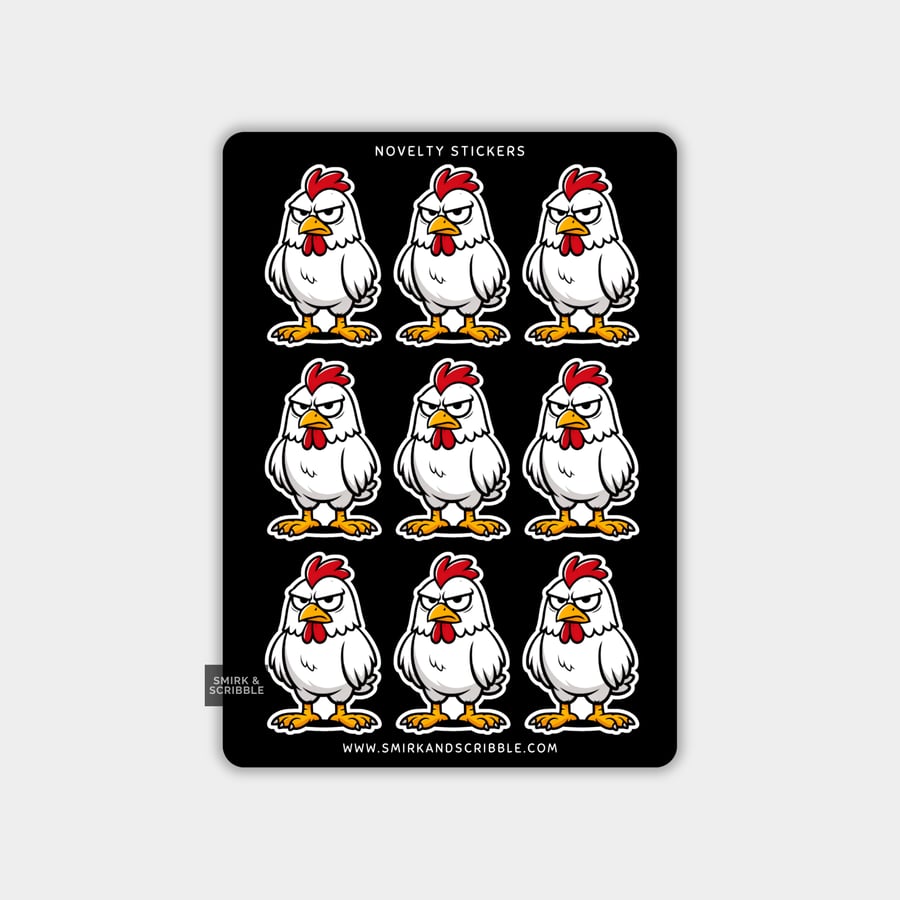 Image of Funny Vinyl Sticker Sheet For Adults - Grumpy Chicken