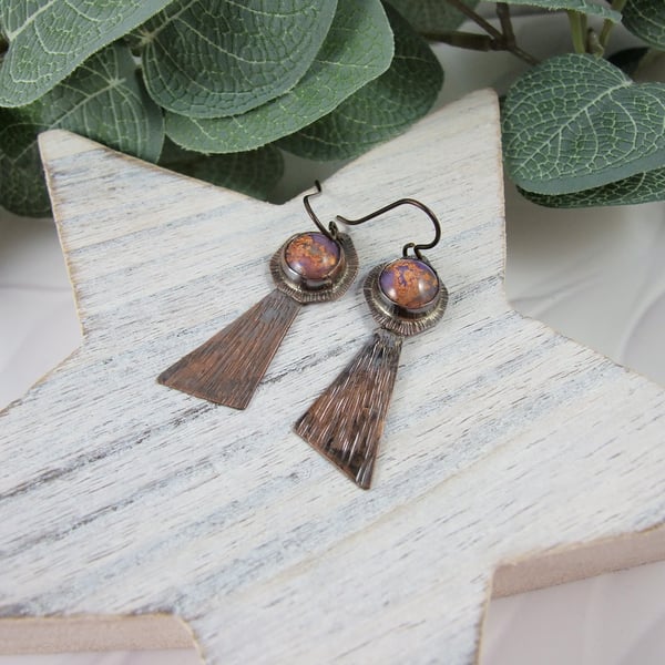 Earrings, Copper Droppers with Purple Marbled Clay Element