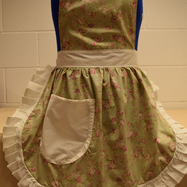 Vintage 50s Style Full Apron Pinny - Pale Green Floral with Cream Trim