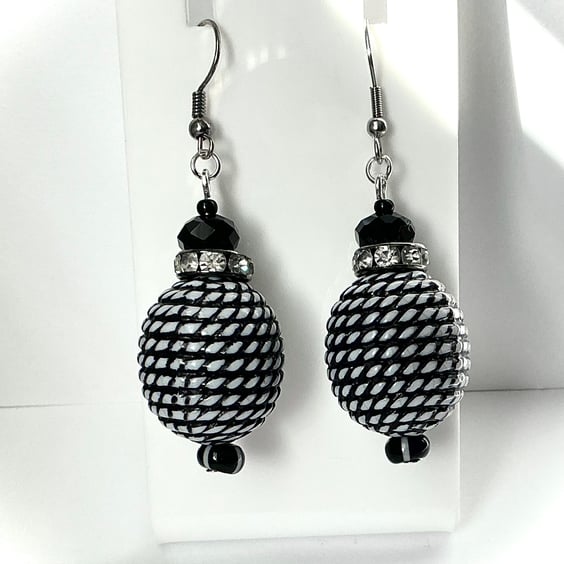 Chunky Bead Black and White Dangly Earrings