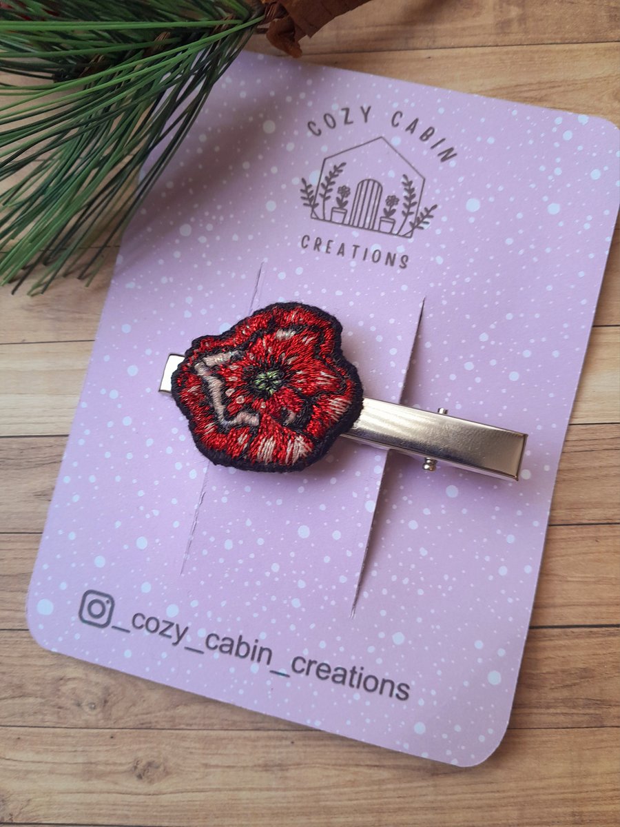 Hand Embroidered Poppy Hair Slide