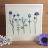 Five Little Flowers in blue hand embroidered card