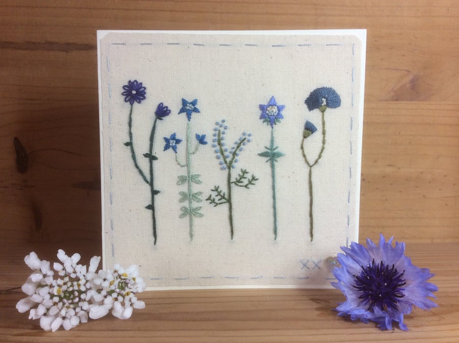Five Little Flowers in blue hand embroidered card