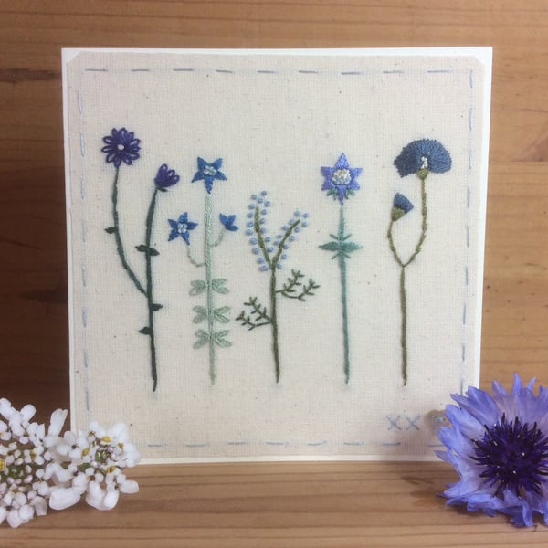 Five Little Flowers in blue hand embroidered card