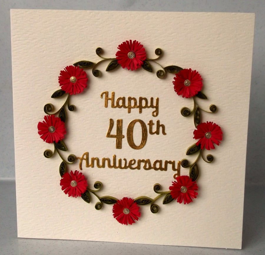 Quilled 40th anniversary card, ruby wedding, handmade
