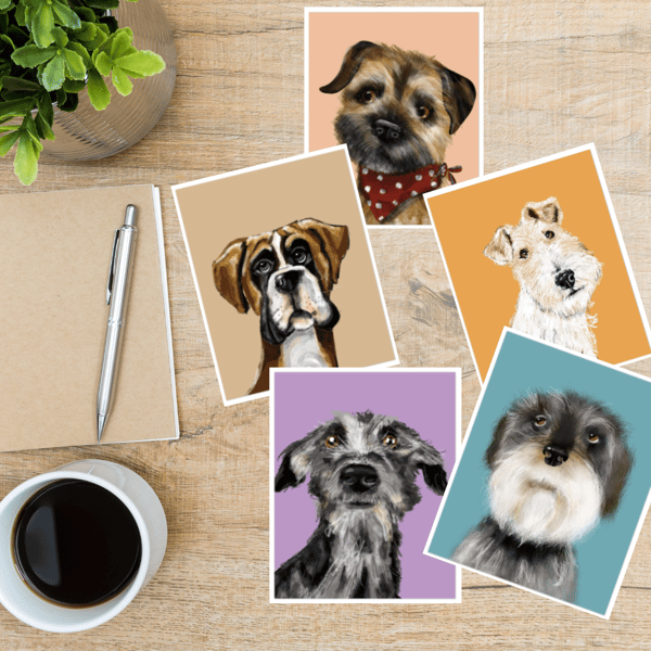 Illustrated Dog prints, dog breeds with bold backgrounds. 8 by 10 inches