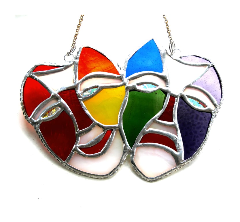 Comedy Tragedy Mask Stained Glass Suncatcher Rainbow handmade 