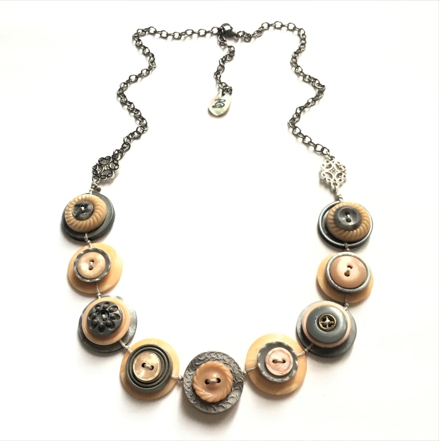 Beautiful Salmon Pink And Grey Colour Theme Vintage Buttons Handmade Necklace 