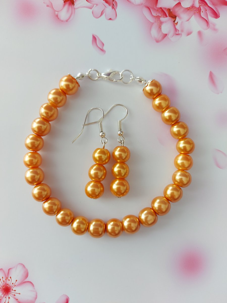 8mm Orange Glass Pearl Bracelet & Earrings Set in Card Gift Box
