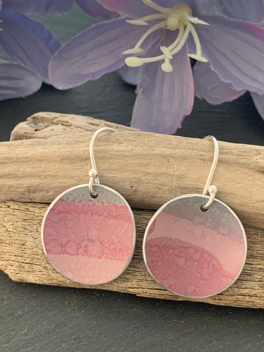 Hand painted aluminium earrings sage and pink stripes