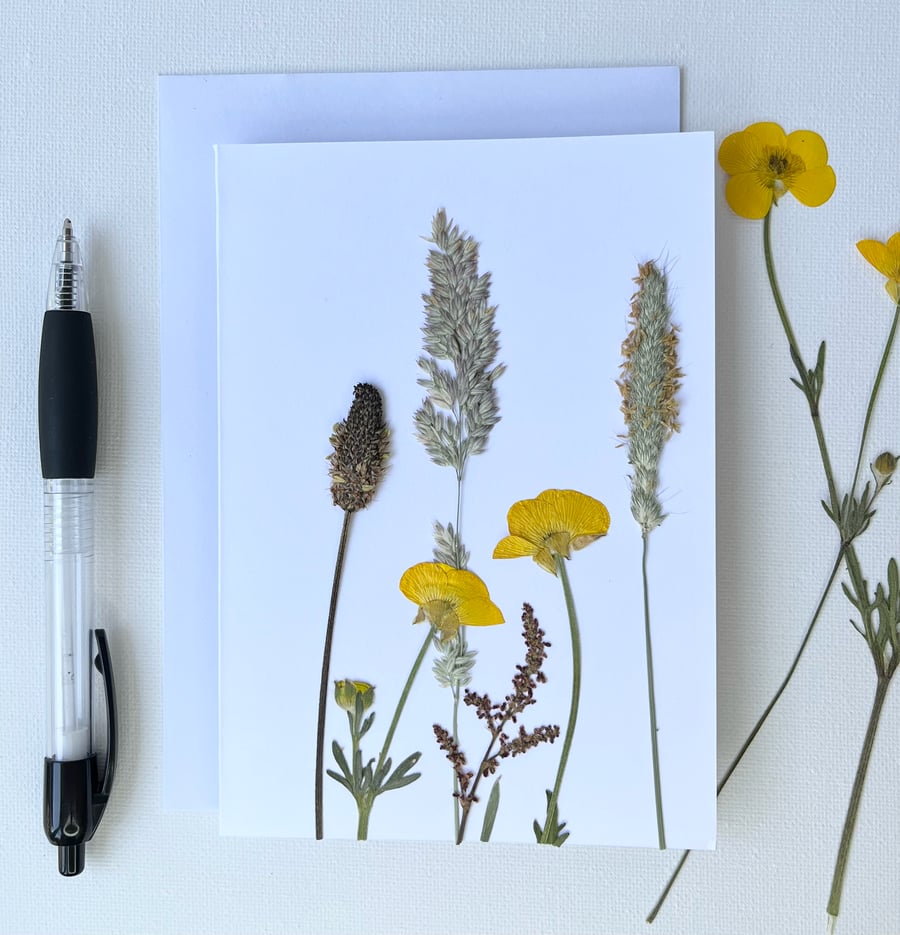 Handmade Real Pressed Buttercups and Grasses Greeting Card 02