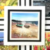 One-Off Blank Greetings Card Of Fishing Boats On A Beach. Any Occasion Notelet