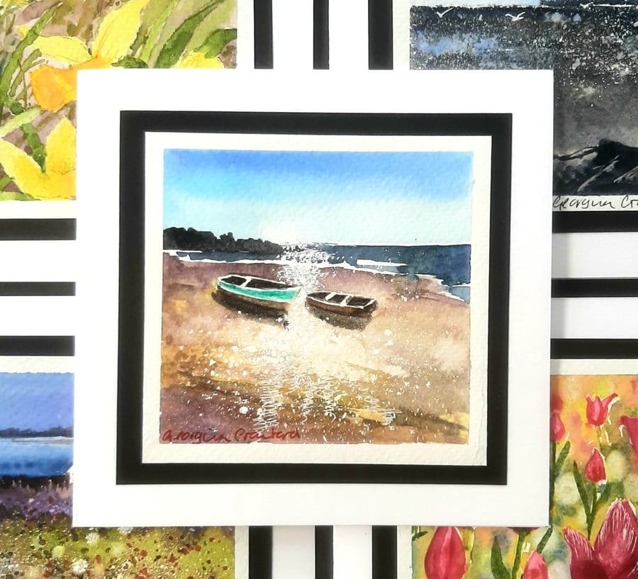 One-Off Blank Greetings Card Of Fishing Boats On A Beach. Any Occasion Notelet