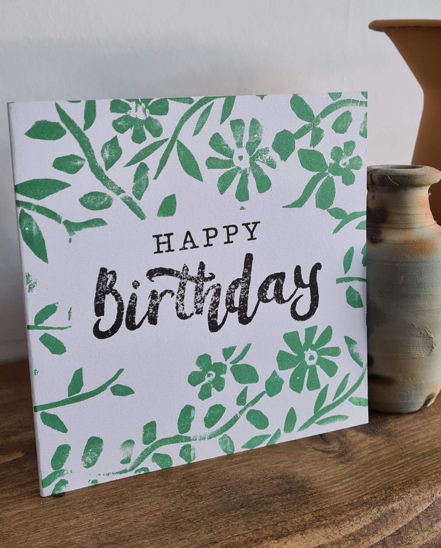 Green ivy birthday card handprinted