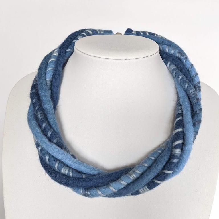 The Wrapped Twist: felted cord necklace in denim blues