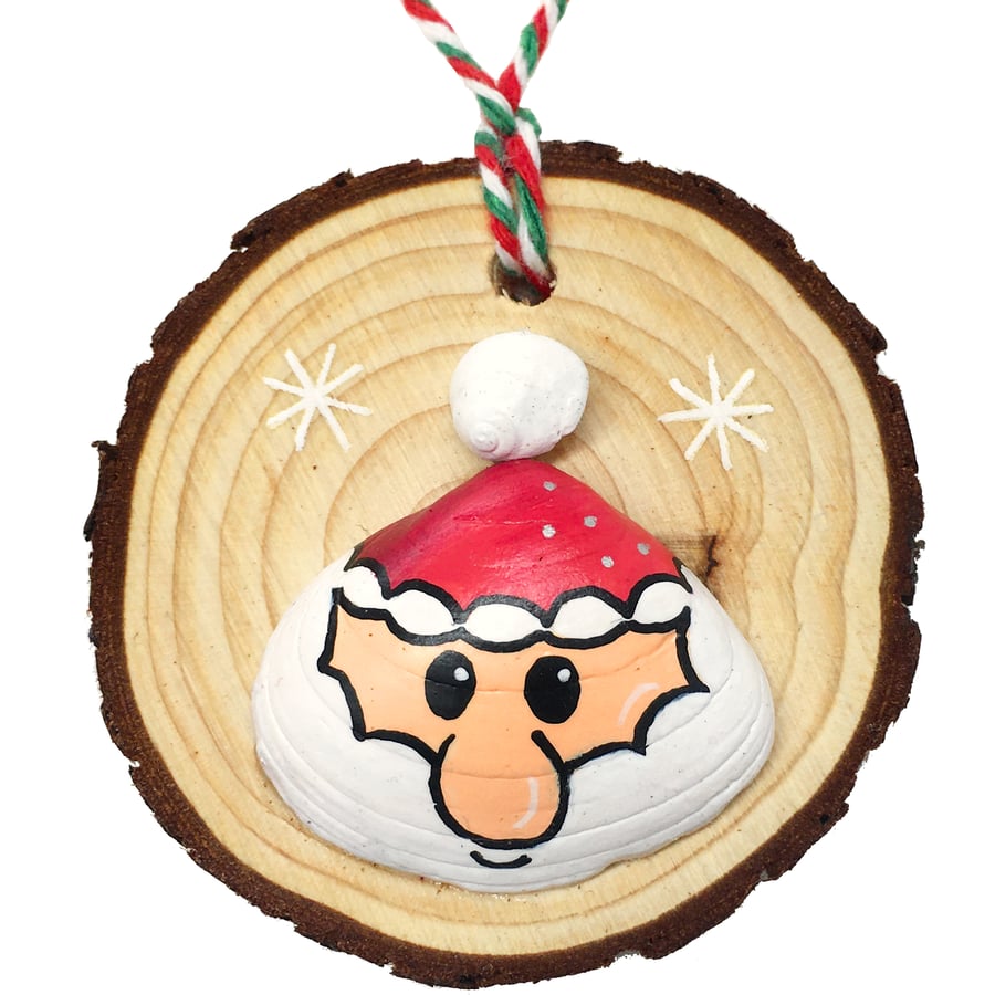 Shell Santa Christmas Tree Decorations. Handmade Wooden Bauble - Beach Art