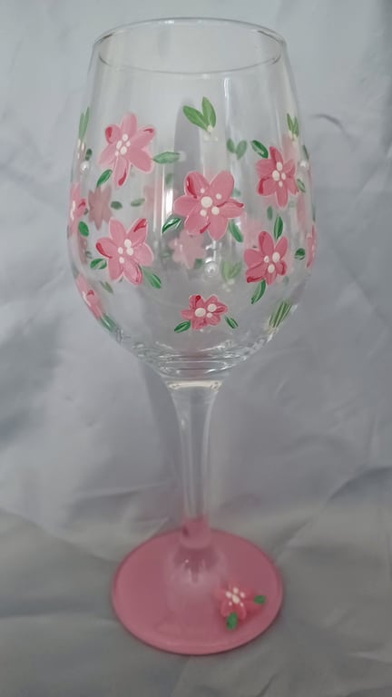 PRETTY IN PINK Hand Painted Pink Floral Wine Glass