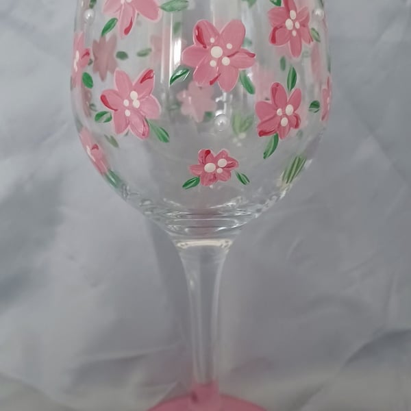 Hand Painted Pink Floral Wine Glass