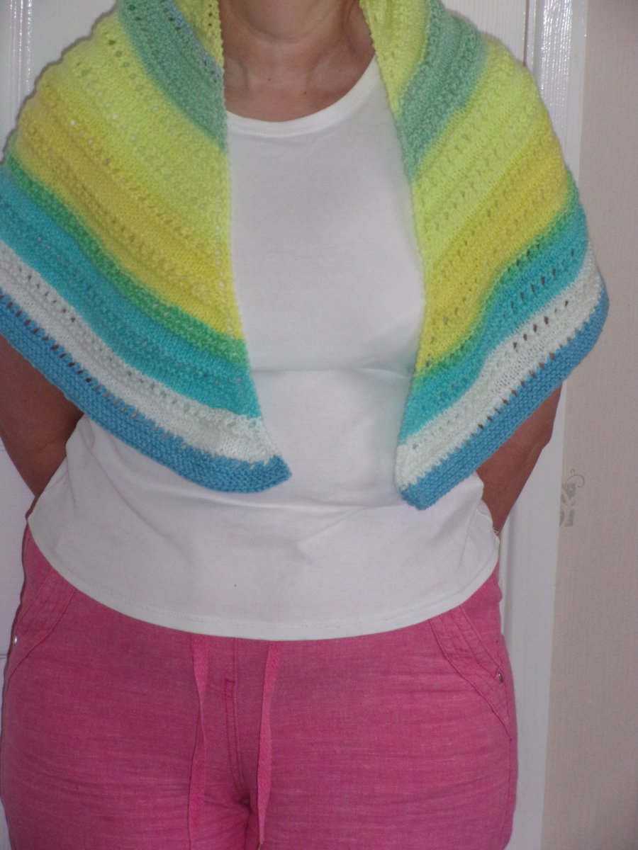 Hand Knitted Shawl in Shades of Blue, Green, Yellow and White