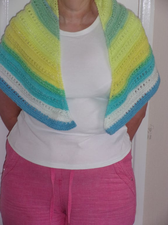 Hand Knitted Shawl in Shades of Blue, Green, Yellow and White